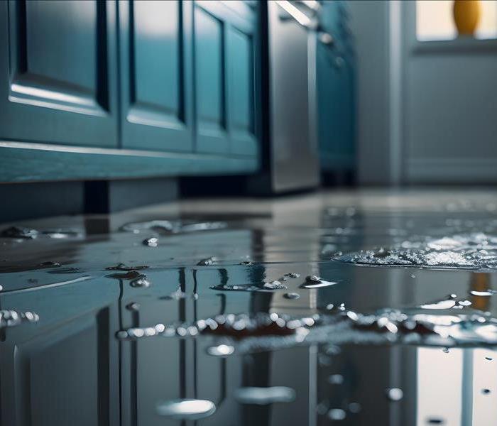 Flooded floor in kitchen from water leak. Damage , Property insurance concept.